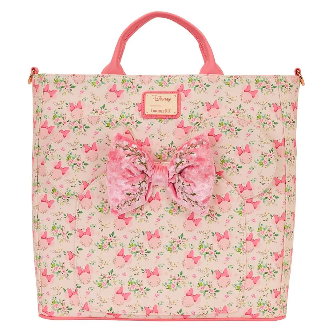 Loungefly Disney Minnie Mouse Faux Leather Convertible Backpack with Floral All Over Print, 3D Velvet Bow and Applique Ears, Fashionable Bags, Graphic, 3D Bow, Wipeclean Ease, Adjustable