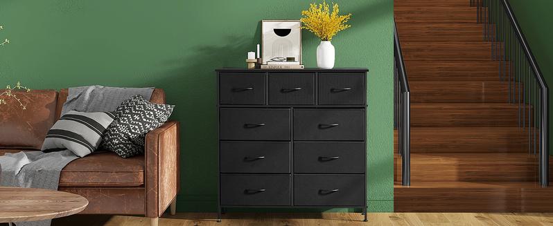 Dresser for Bedroom with 9 Drawers, Clothes Drawer Fabric Closet Organizer Cabinet, Large Chest Storage Tower with Metal Frame and Wood Tabletop Dresser for Bedroom with 9 Drawers, Clothes Drawer Fabric Closet Organizer Cabinet, Large Chest Storage Tower with Metal Frame and Wood Tabletop