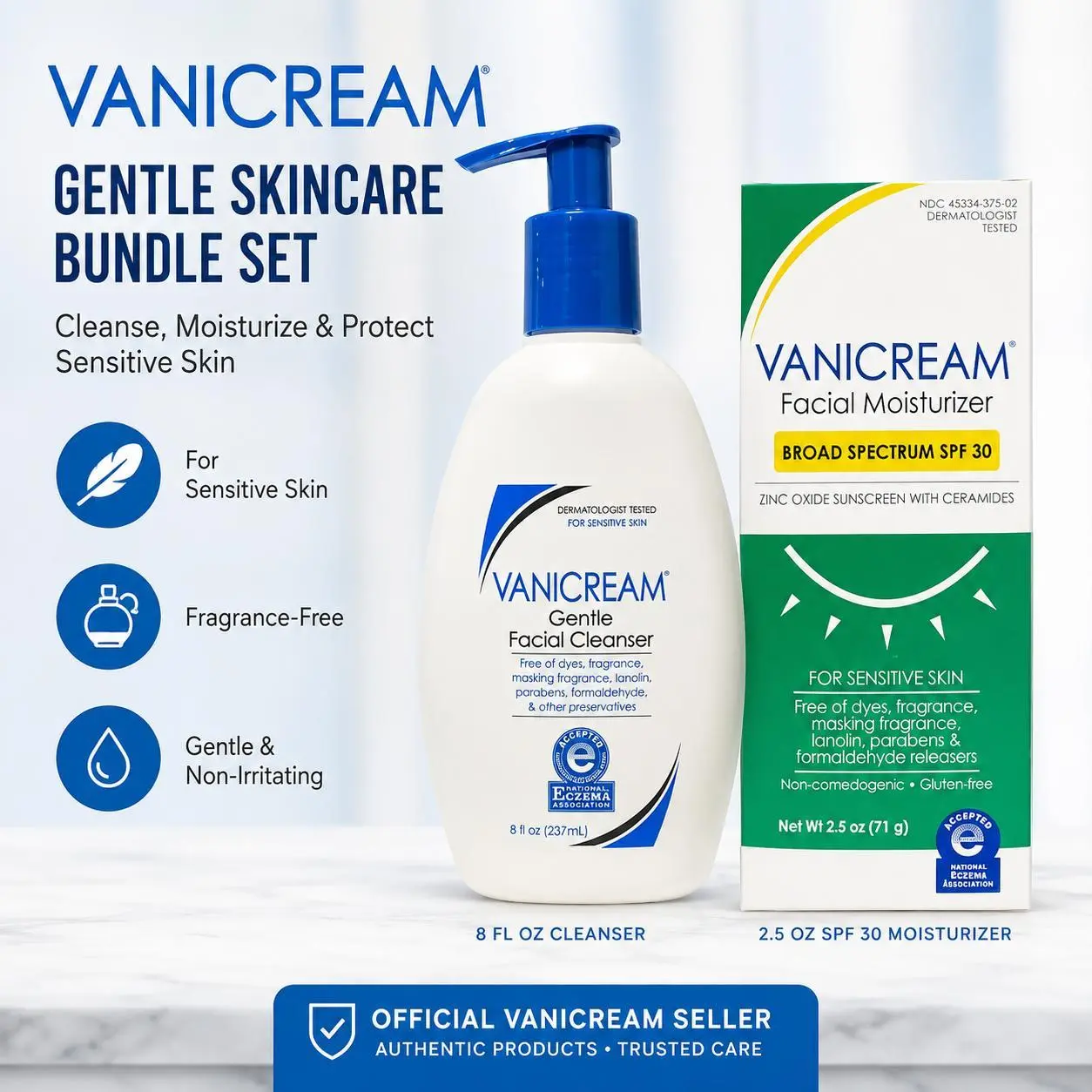 Vanicream Sensitive Skin Essentials Bundle – Gentle Facial Cleanser + SPF 30 Moisturizer