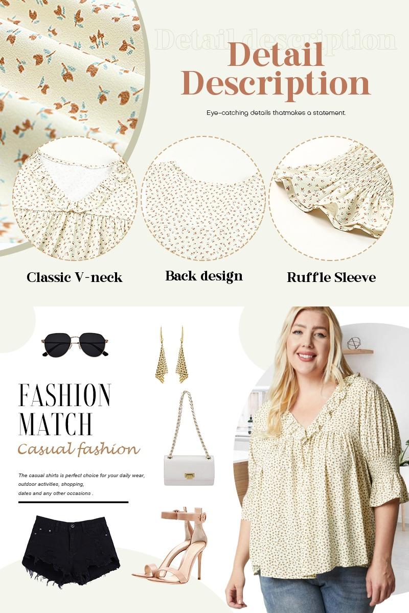 Eytino Womens Plus Size Floral Print Blouses V Neck Ruffle Flowy Short Sleeve Shirts Babydoll Casual Tunic Tops(1X-5X)