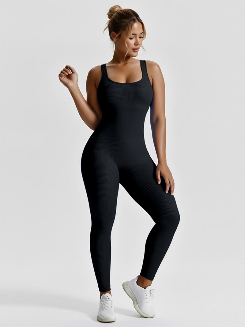 Women's Seamless Ribbed Knit High-Stretch Tummy Control Butt Lifting Yoga Bodysuit Square Neck Sleeveless Plain Solid Color Long Length Minimalist Elegant All Seasons Athletic Style Workout Gym Clothing