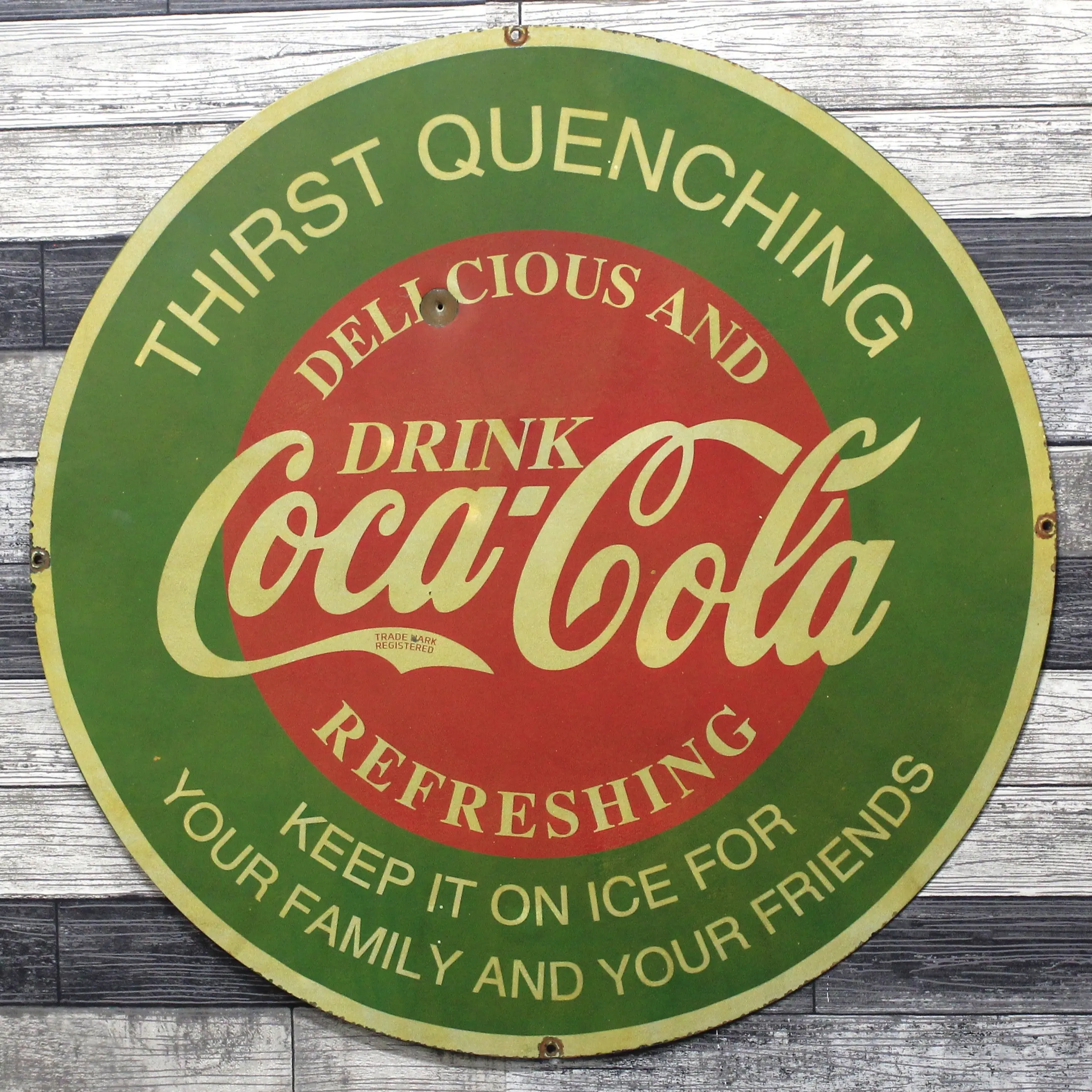 Classic Refreshing Coca-Cola Large 30-Inch Porcelain Vintage Advertising Sign with Bullet Hole