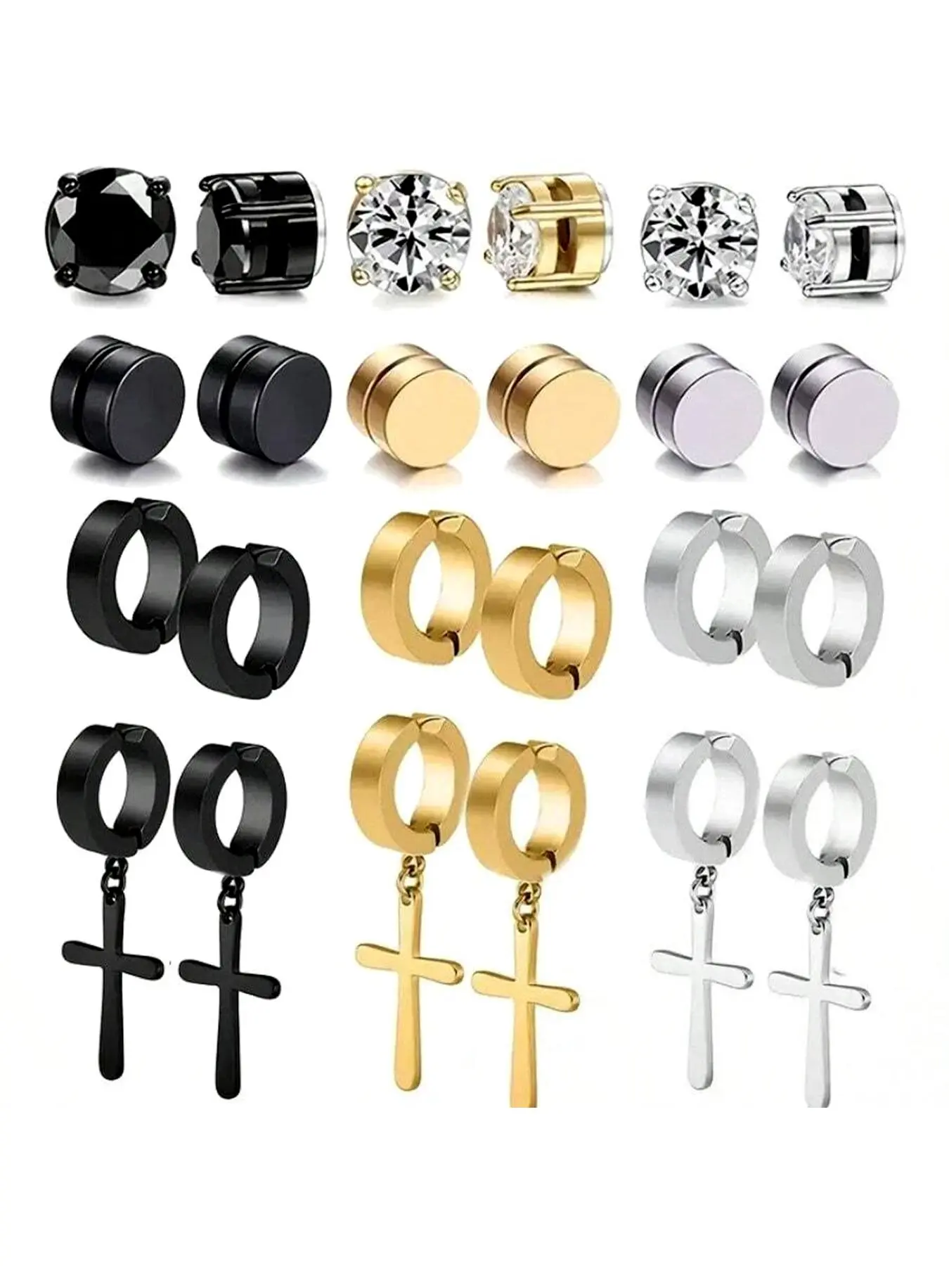 Men's Punk Style Stainless Steel Artificial Zircon Magnetic Earrings, Cross Design Jewelry for Party & Daily Wear, Ideal Gifts, Non-Piercing Earrings, Non Pierced Jewelry, Rhinestone Decorated Bling, Sparkling Ear Jewelry