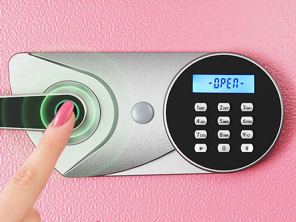 BlackSmith Home Biometric Safe 1.0 Cub Quick Access Fingerprint Lock Box With Keys Keypad Wall Mount Cabinet Safe Secure Money Jewelry with Fireproof Bag Mute Mode LED Light, Pink