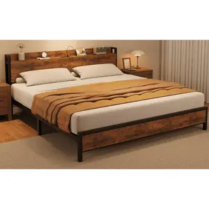 King Size Bed Frame Charging Station with 2 USB Ports & 2 AC Outlets, Heavy Duty Metal Bed Frame with Wooden Headboard and Footboard, No Box Spring Needed, Easy to Assemble, Rustic Brown