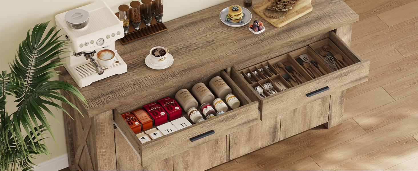 【SPOTLIGHT DAY】ONBRILL 61 Inch Sideboard Buffet Cabinet with Storage, Buffet Cabinet with 2 Drawers & 4 Doors, Farmhouse Sideboard with Adjustable Shelves, Coffee Bar Cabinets for Living Room, Kitchen