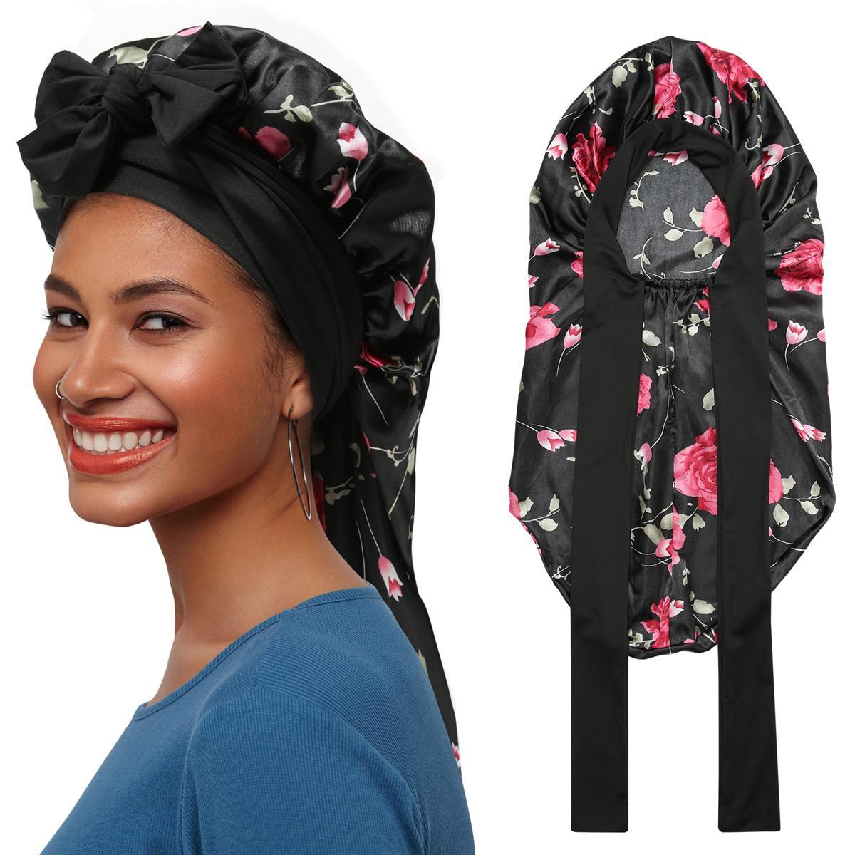 Single-Layer Summer Cool Style Solid Color Long Satin Bonnet Sleep Cap Adjustable Care Nightcap for Women Braids Curly Hair Natural Hair Wrap for Sleeping Cap with Tie Band Elastic Hair Care Bonnet