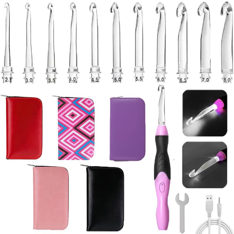 Ultimate Glow Crochet Kit: 11 Interchangeable Light-Up Hooks, Rechargeable & Portable Ergonomic Handle for Comfort, Includes Case for Easy Storage