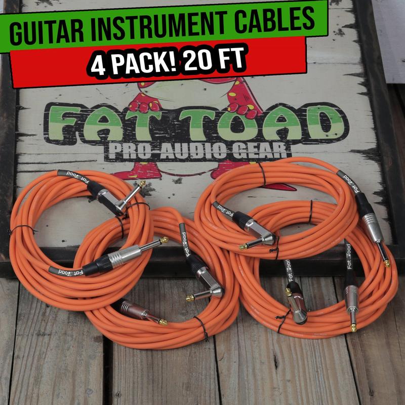 Guitar Cords (4 Pack) Right Angle Instrument Cable by FAT TOAD | 20FT 1/4 Inch Straight-End Wires for Electric Guitar, Bass, Keyboards & Music Sound Recording Studio | Shielded 24 AWG Patch Conductor