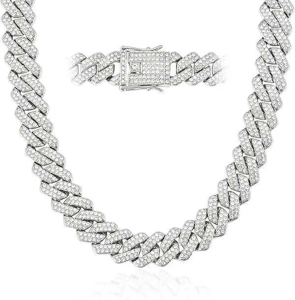 Chunky Chain Necklace for Men, 14mm Silver Iced Out Miami Cuban Link with Rhinestones, Casual Hip Hop Jewelry, Cuban Style Necklace, Men's Accessories, Unisex, Jewelry For Women, Daily Wear, Chain Jewelry Necklaces
