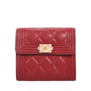 Pre-owned CHANEL Lambskin Wallet Boy Burgundy Quilted 52573749