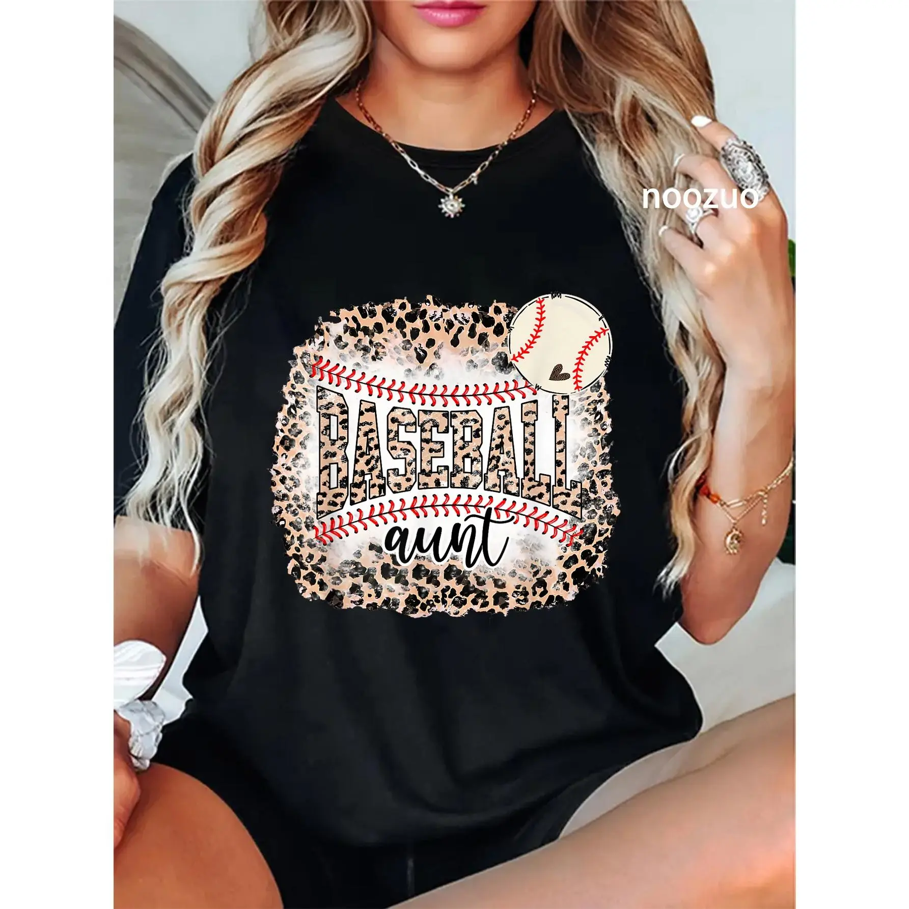 100% Cotton Baseball Aunt Leopard Softball Auntie Funny Mother's Day T-Shirt