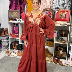 Vestidos de $75 -  Long Embroidered Made in Mexico  Maxi Dress with Ruffle Sleeves and Lace Detail