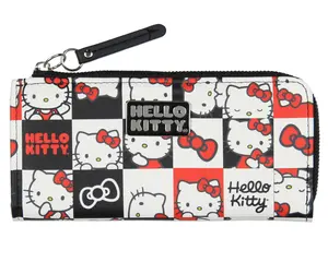 Sanrio Hello Kitty Checkerboard Character Design Faux Leather Full Zip Wallet with Metal Hello Kitty Logo Badge