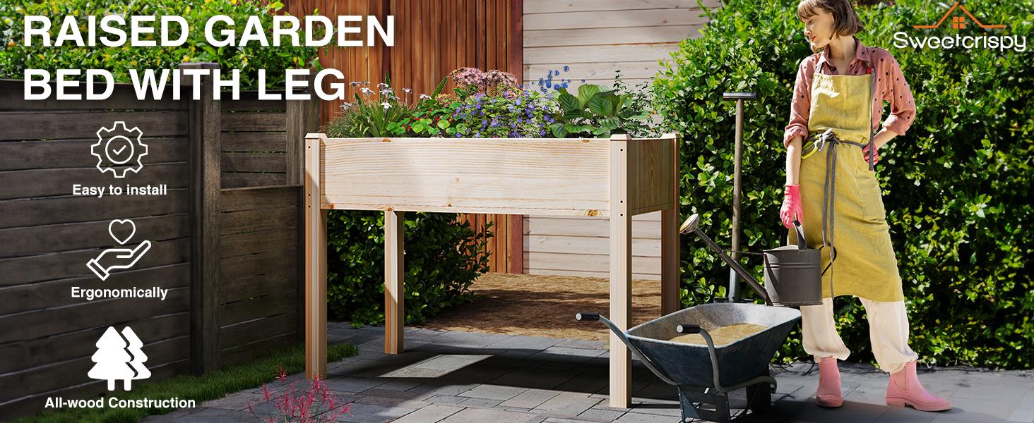 Raised Garden Bed with Legs, 48x24x30in Wood Elevated Planter Box for Herbs, Flowers, Vegetables & 300lbs Capacity Outdoor Gardening Planters
