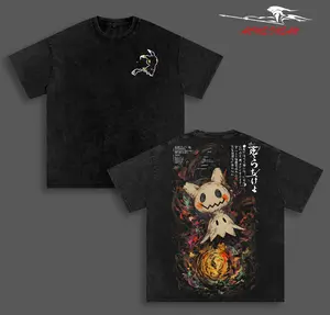 MimikyuPokemonAnime Double Printed Vintage Washed Tee Unisex Oversize Heavyweight Cotton T-shirt for Anime Fans and Lovers