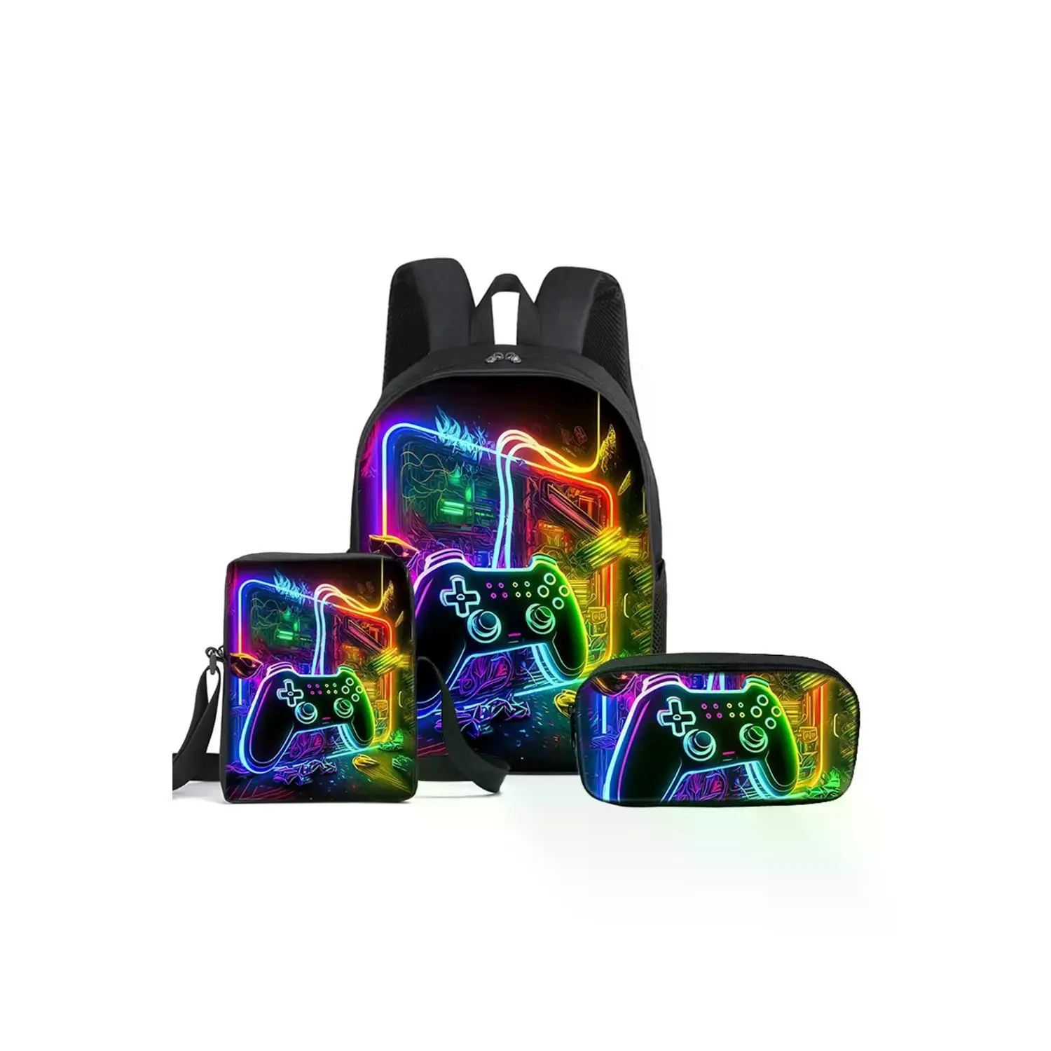Gamepad Gaming Neon Pattern 16-Inch Backpack Set (Includes Backpack, Shoulder Bag, and Pencil Case)