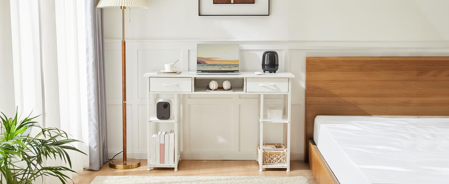 【Deal】Computer Desk Small Home Office Bedroom Writing Study PC Table with Storage Space Fabric Side Bag Headphone Hook Metal Frame Adjustable Feet