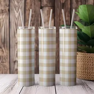 Mackenzie Childs Tan Check Tumblers Blanks Skinny 20 OZ Straight Bulk Stainless Steel Cups with Metal Straw and Lid for Tumbler