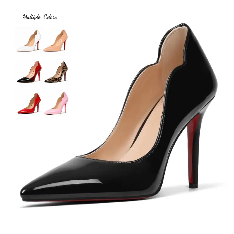 Women’s black patent leather stiletto pumps with red sole, pointed toe, high heels—elegant formal shoes for prom, weddings, parties, office/business wear, and evening cocktail events; classic, comfortable heels