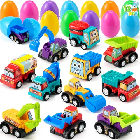 12 Pack Prefilled Easter Eggs with Pull-Back Toy Cars – Colorful Vehicle Egg Fillers Construction Cars Easter Fun
