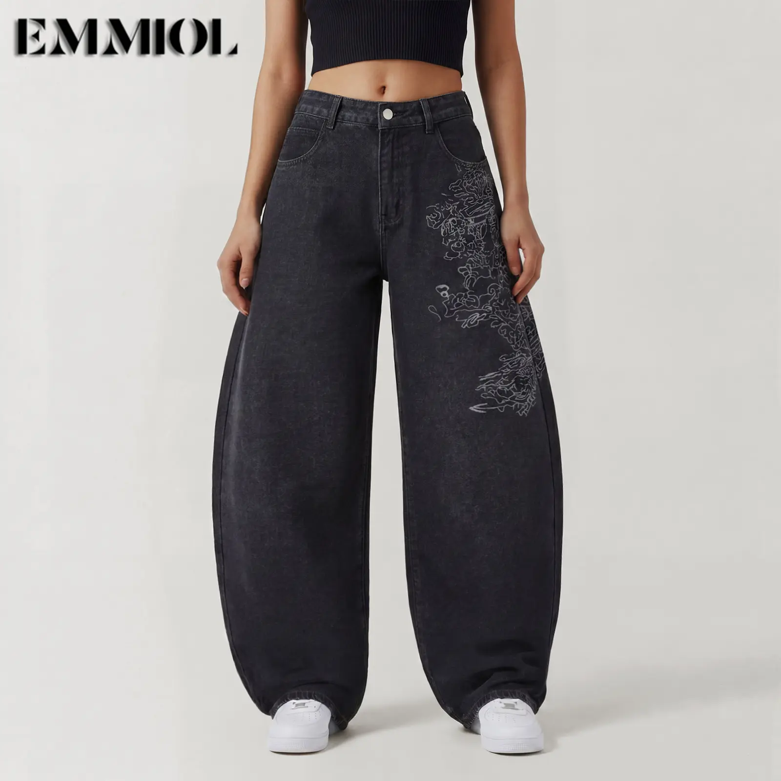 EMMIOL【Back to School】Women Hip Hop Baggy Jeans Wide Leg Mid-Low Waist Barrel Jeans Loose Boyfriends Jeans 90s Vintage Denim Pants casual comfy Black Womenswear Summer Vibes