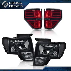CROSSDESIGN Black Headlights+Red Tail Lights Set Fit For 2009-2014 Ford F-150 F150 Pickup
