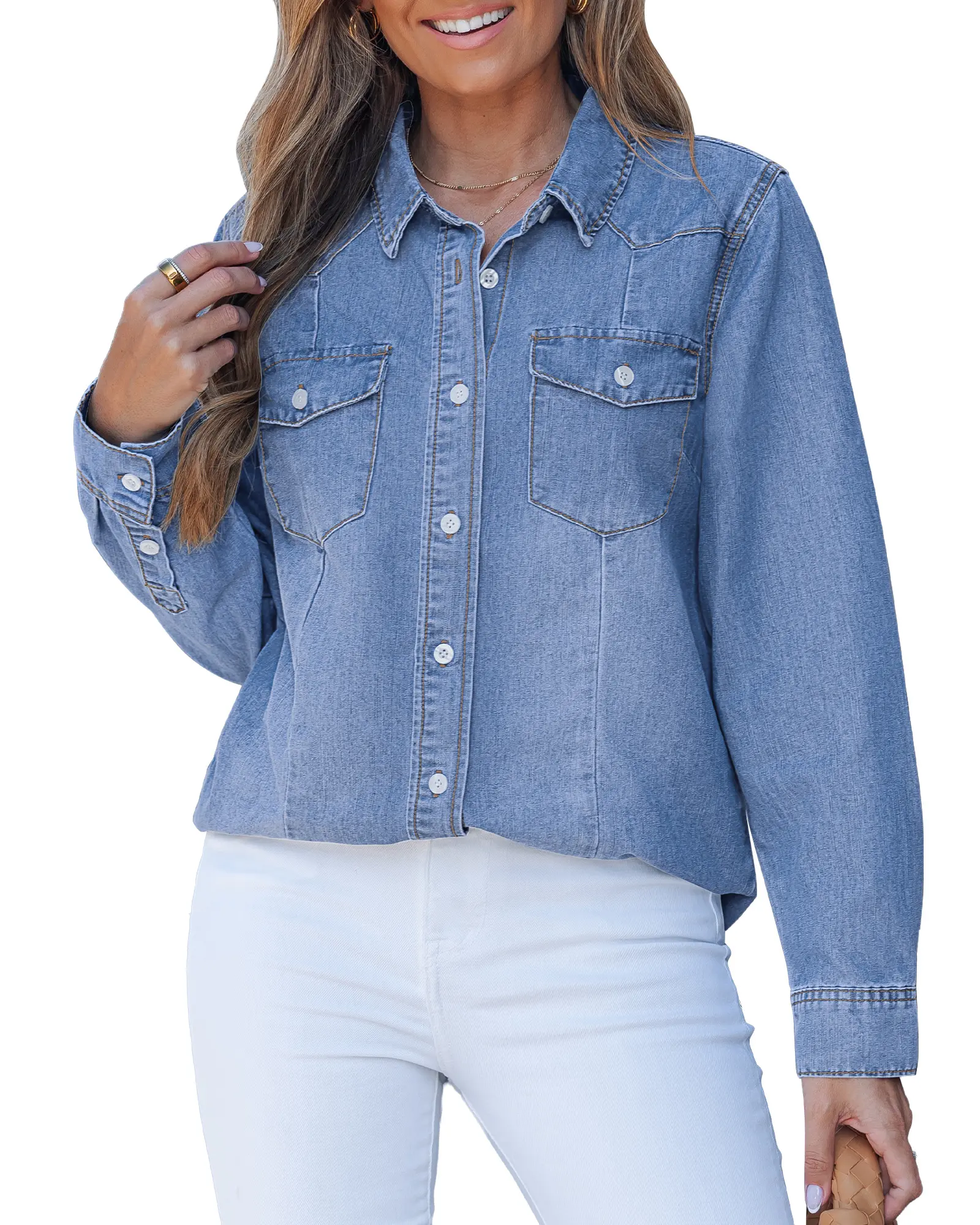 Luvamia Women's Western Collared Denim Shirt - Traditional Long Sleeve Button-Down Cowgirl Blouse with Pockets, Relaxed Fit, Double Cuff, Solid, Casual Tops for Everyday Wear, Cowgirl Outfits, Holidays