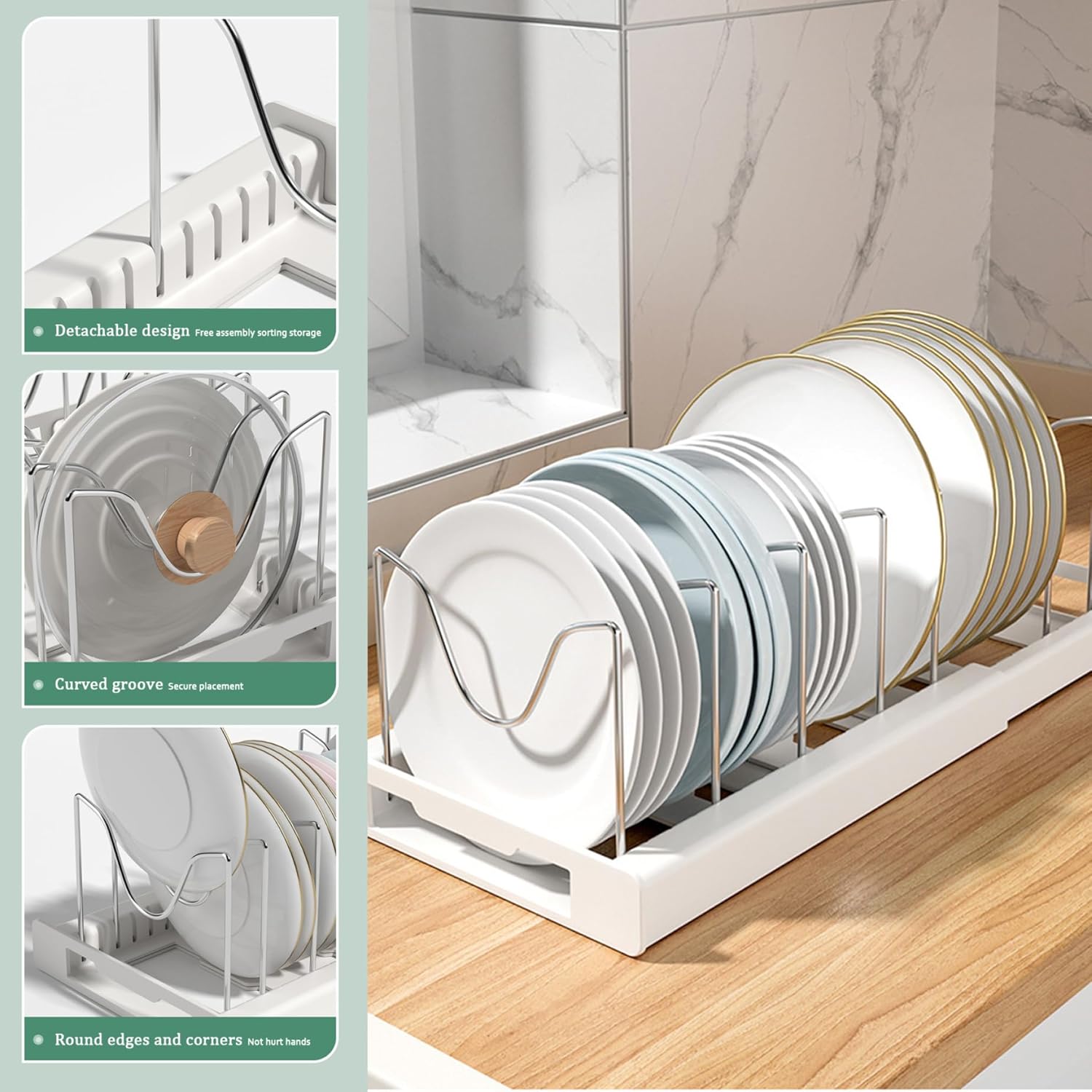 Pull Out Pots and Pans Organizer Under Cabinet, Expandable Sliding Lid Holder and Pan Rack for Kitchen, Slide Out Inside Cabinet for Pot Lid, Bakeware, Dishes, 7 Adjustable Dividers, 1 Pack White