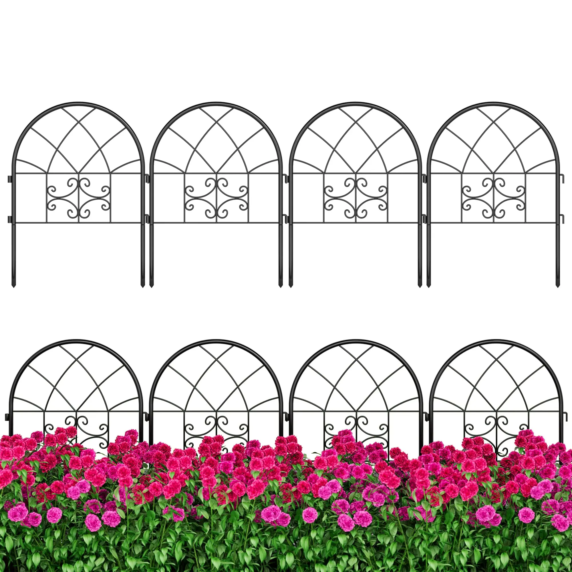 Garvee Elegant Metal Garden Fence Panels - Rustproof Outdoor Decorative Perimeter for Landscaping, Yard & Pathway - Black, 4PCS, Easy No Dig Installation