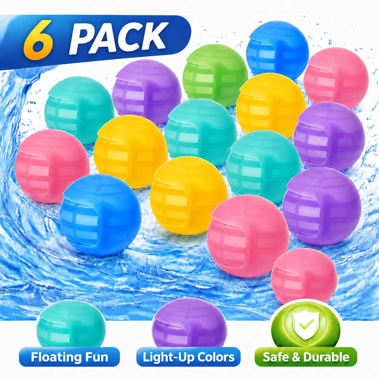 Reusable Water Balloons , Silicone Self-Sealing Splash Balls 6 Pack , Quick Fill Reusable Pool & Beach Toys for Kids & Adults