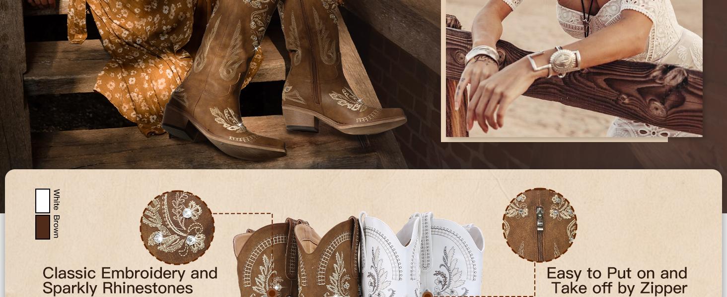 【Rodeo Boots】Pasuvo Women's White Embroidered Western Cowboy Boots - Vintage Floral Stitching, Classic Pointed Toe, Stacked Heel, Perfect for Country Style, Festivals, and Everyday Fashion Footwear