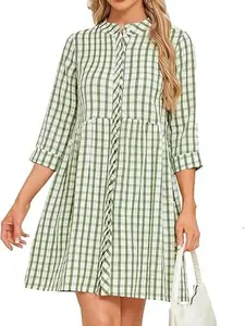 Ladyful Women's 3/4 Sleeve Plaid Mini Dress Gingham Button Down Crewneck Casual Checkered Tunic Shirt Dress