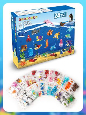 HOGOKIDS 24 Pack Valentines Party Favors for Kids Building Set - 629PCS Mini Marine Animals Blocks Toy for Valentines Day Goodie Bag Stuffers Classroom Prizes Gifts fo Kids Boy Girl Student Ages 6-12