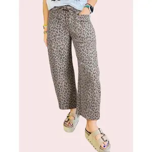 Women's Khaki Leopard Print Wide Leg Jeans with Drawstring Waist and Pockets for Everyday Wear