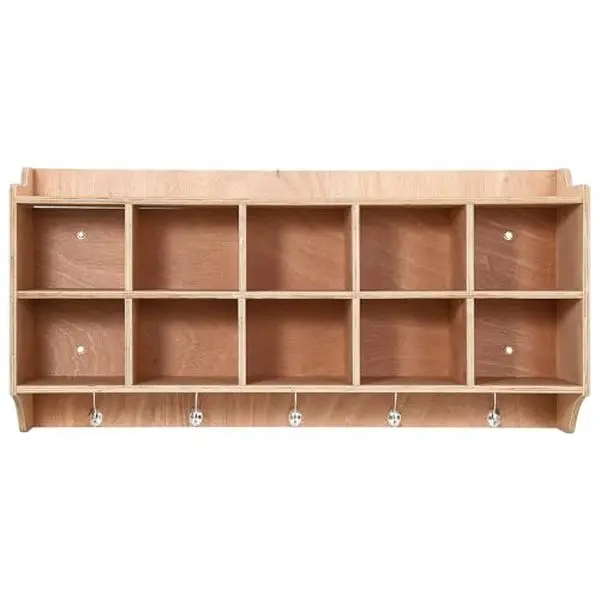 Hanging Coat Locker with 10 Cubby Storage Organizer Cubes, Daycare Shelves with Hooks and Shelf, Durable Furniture for Kids Toys and Classroom, Natural Wood Finish