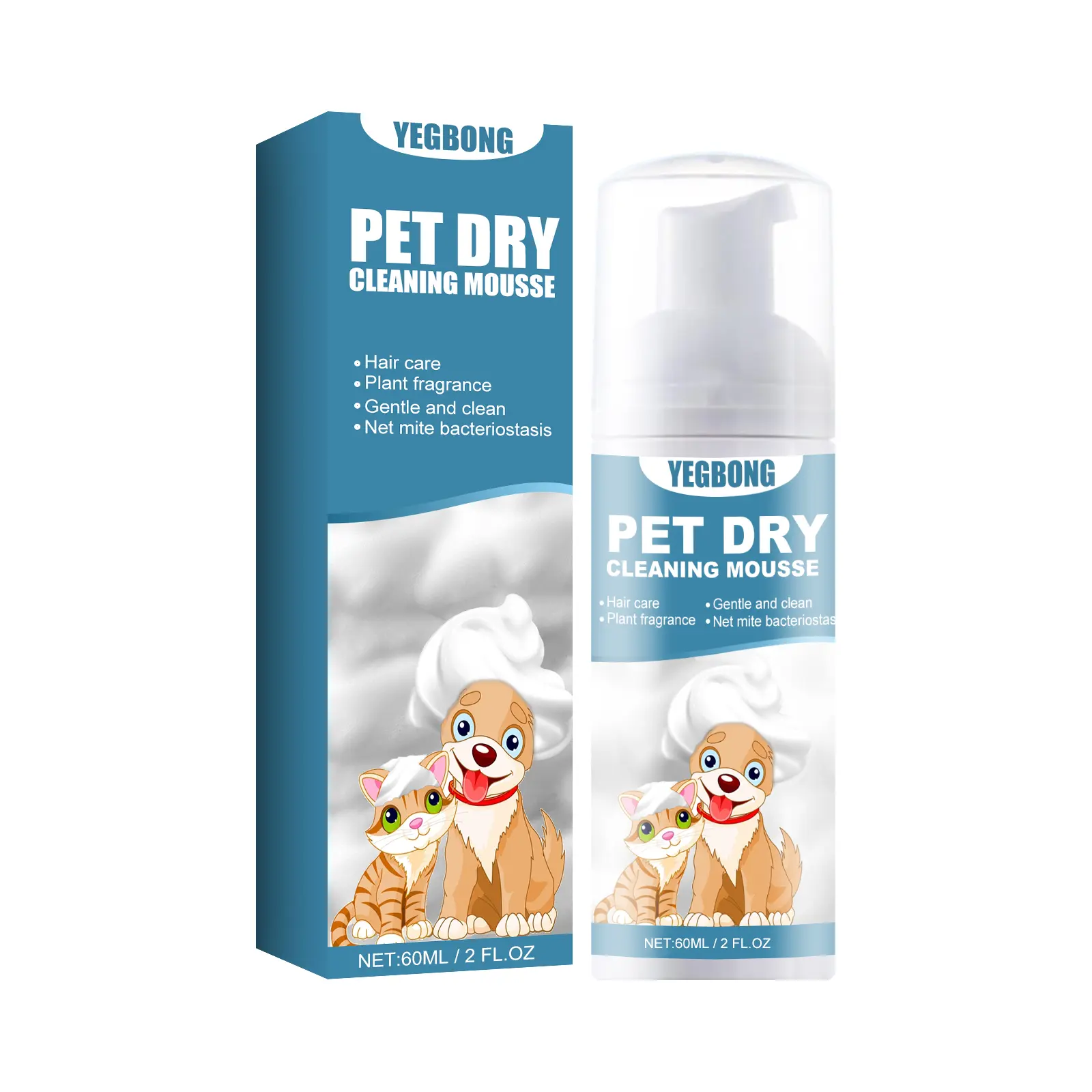 Yegbong Pet Dry Cleaning Mousse for Cats & Dogs with Chamomile & Coconut Oil 60ml Gentle Clean Hair Care Water-Free Formula