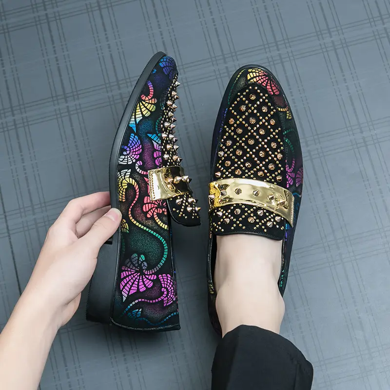 Men's Luxury Retro Casual Flat Preppy Loafers - Metallic Gold Bar & Spike Studded, Round Toe PU Sole Easy On & Off Ankle Slip-On Dress Shoes for Party, Stylish Colorful Gift Footwear for Holiday Clubbing, Footwear Slipon, Easy On & Off Loafers