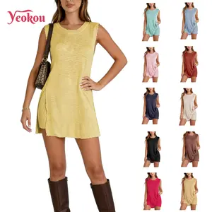 Yeokou Womens Beach 2 Piece Sets Knit Loungewear Crew Neck Pullover Casual Sleeveless Sweater Tank Top Shorts