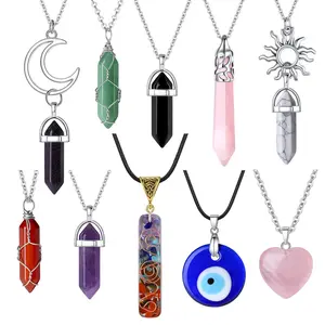 Set of 10 crystal necklaces featuring healing amethyst crystals, carnelian chakra necklaces, evil eye necklace, vintage hippie wiccan boho rose quartz moon sun jewelry, heart gemstone pendant for women