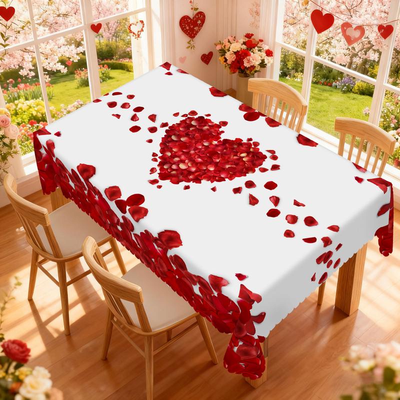 PUFMATE Romantic Valentine's Day Table Cover, Rectangle Round Table Cloth, With Rose Flower Love Heart Print Pattern, Wedding Decor, Candlelight Dinner Table Decoration, Outdoor Garden, Anniversary Party Decoration, Holiday Decoration,Valentine Gifts