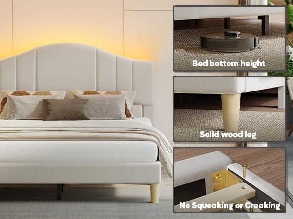 Pinmoco Upholstered Bed Frame with Adjustable Arc-shaped Headboard LED Platform Bed Modern Elegant Design Sturdy Noise Free Quick Assembly No Box Spring Needed