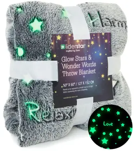 Glow in the dark Throw blanket 50x60 inch luminated flannel blanket with stars and calming words super soft machine washable blanket