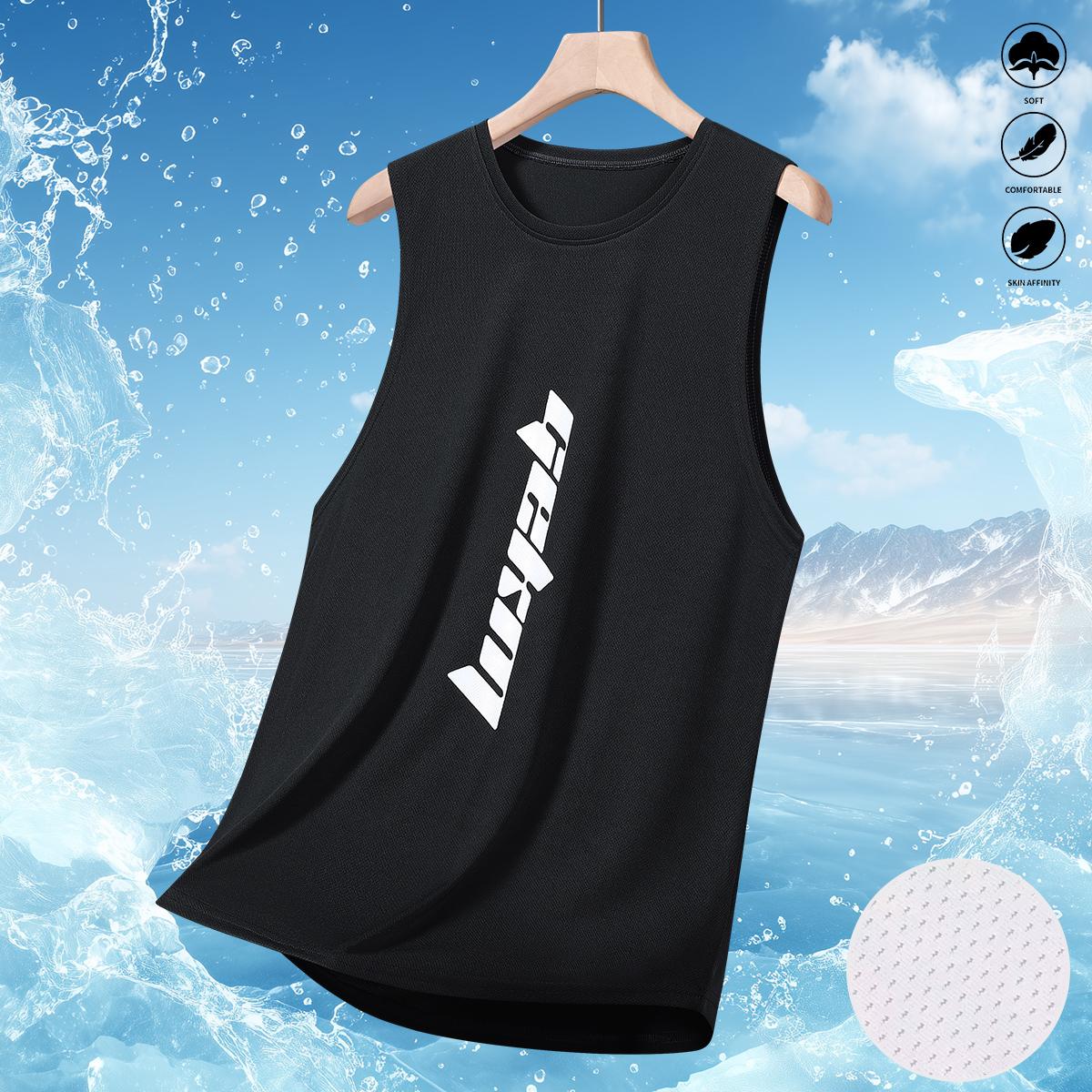 Men's Stylish Sleeveless Shirt - Perfect for Summer Outdoor & Indoor - Quick Dry & Breathable Letter Print Slightly Stretch Crew Neck Tank Top
