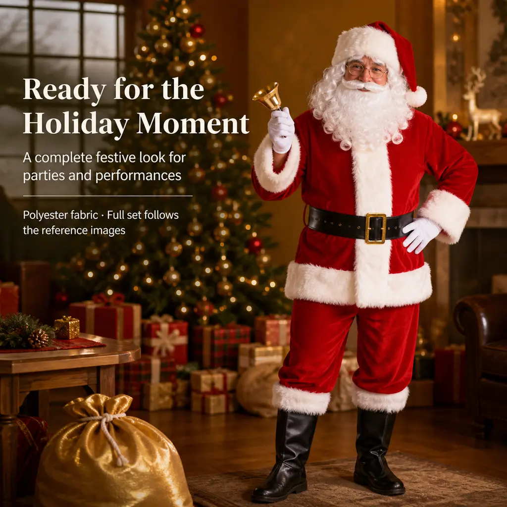 Men's Complete Santa Claus Cosplay Suit - Polyester Thick Plush Classic Red-White Christmas Clothes with Golden Hat, Beard, Wig, Belt, Bag, Glasses, Bell, Gloves, Boot Covers for Holiday Party, Stage Performance