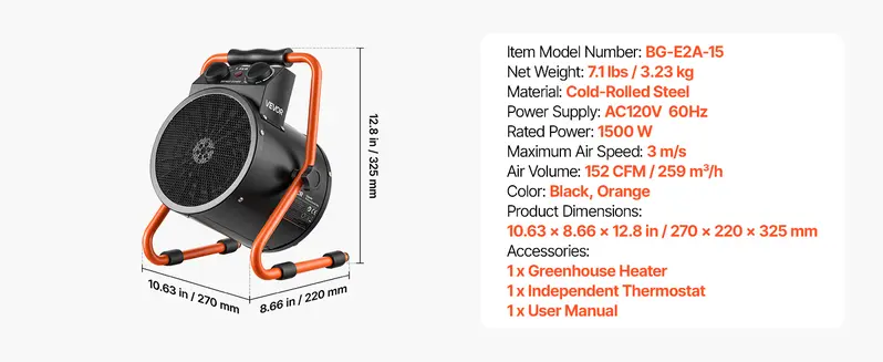 VEVOR 1500W Plastic Portable Greenhouse Electric Heater with Thermostat, Fan, High Heat Mode, 25&deg; Adjustable Angle, Adjustable Heating, IPX4 Protection, Overheat Shut-Off, Fire Resistant, Grip Handle, Heat & Ventilate for Flower Room, Home Office