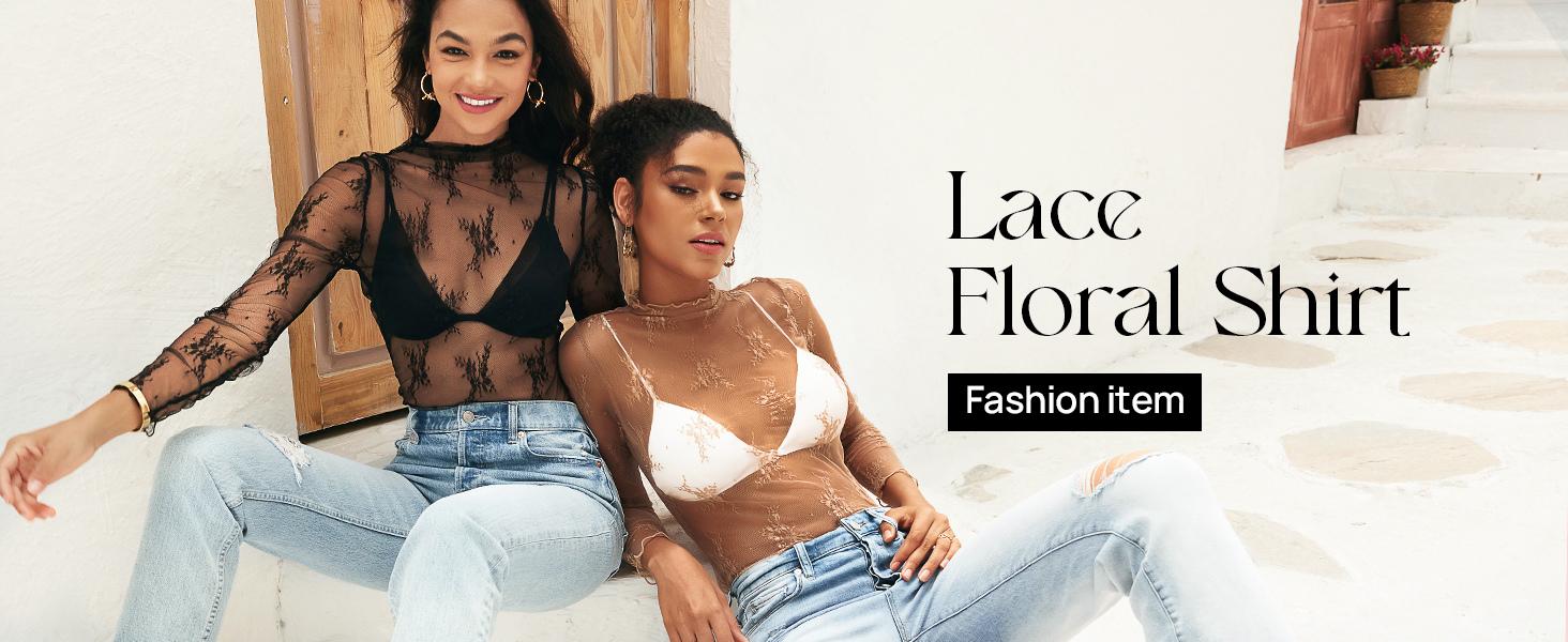 YeeZaa Lace Mesh Floral Boho Tops for Women 2026 Spring Summer Long Sleeve Blouse Sheer Mock Neck Layering Bolero Shrug See Through Cropped Y2K Going Out Tops Fit Elegant Curvy Casual SpringStatements