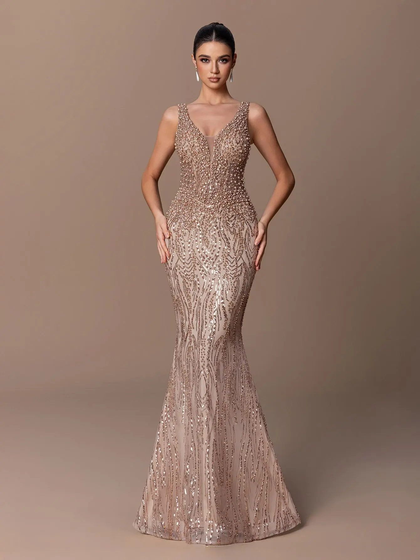 V Neck Pearl Sequin Dress