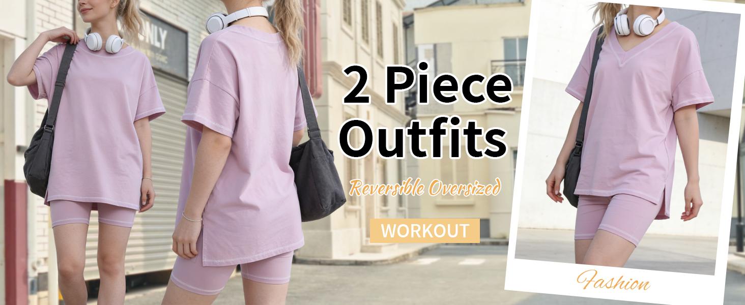Tanming Women's Oversized 2 Piece Workout Hot Shot Set - Reversible V Neck Tee & Biker Shorts - Casual Streetwear for Yoga & Lounging - Flowy & Comfortable #SpringStatements