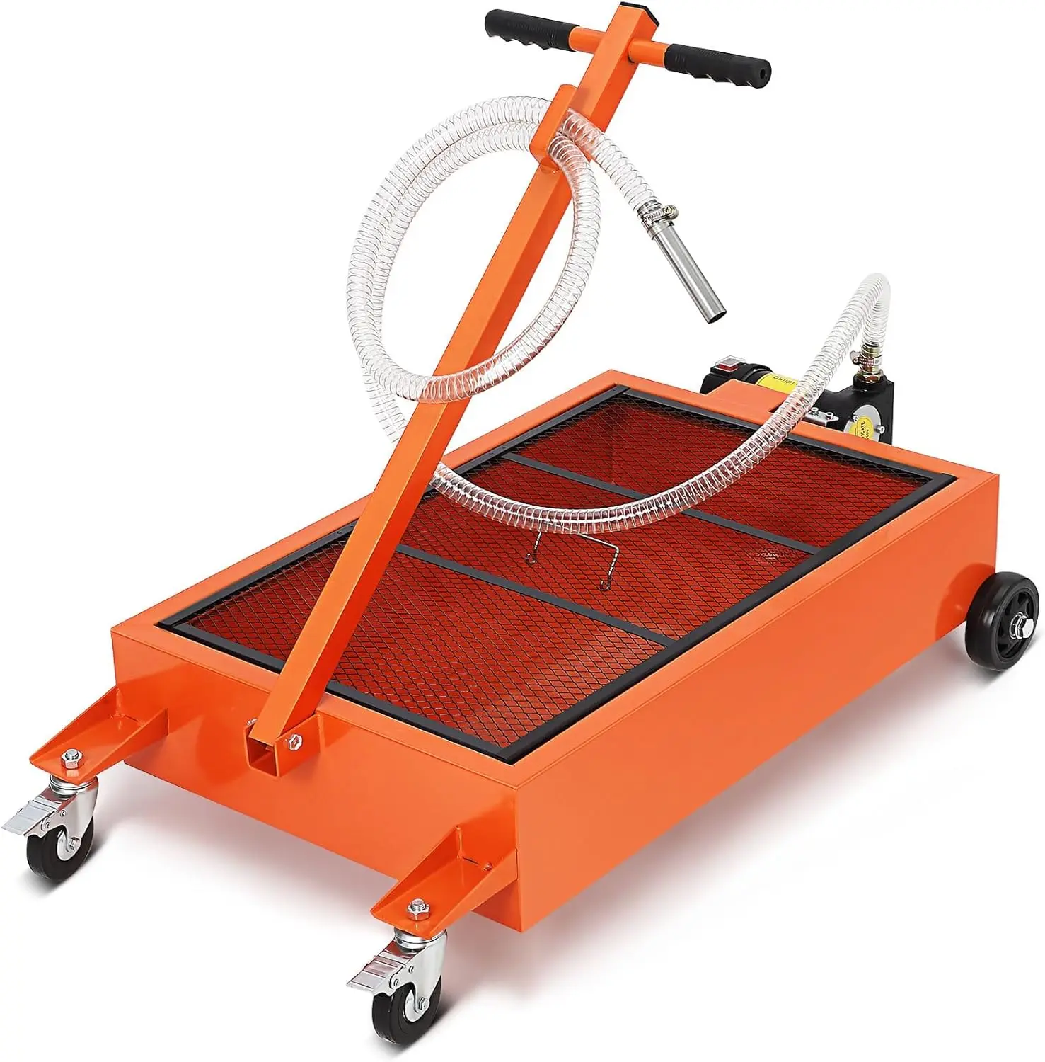 15 Gallon Waste Oil Drain Pan with 12V Electric Pump - Low Profile Steel Oil Change Pan with 8.2 Ft Hose, Folding Handle & Wheels for Trucks, SUVs, Cars, RVs (Orange)
